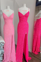 Cheap Mermaid Spaghetti Straps Glitter UK Prom Dresses Pink Sequin Evening Dresses