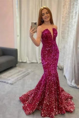 Sequins Formal Dresses Mermaid Deep V-Neck Long Prom Dress Sleeveless