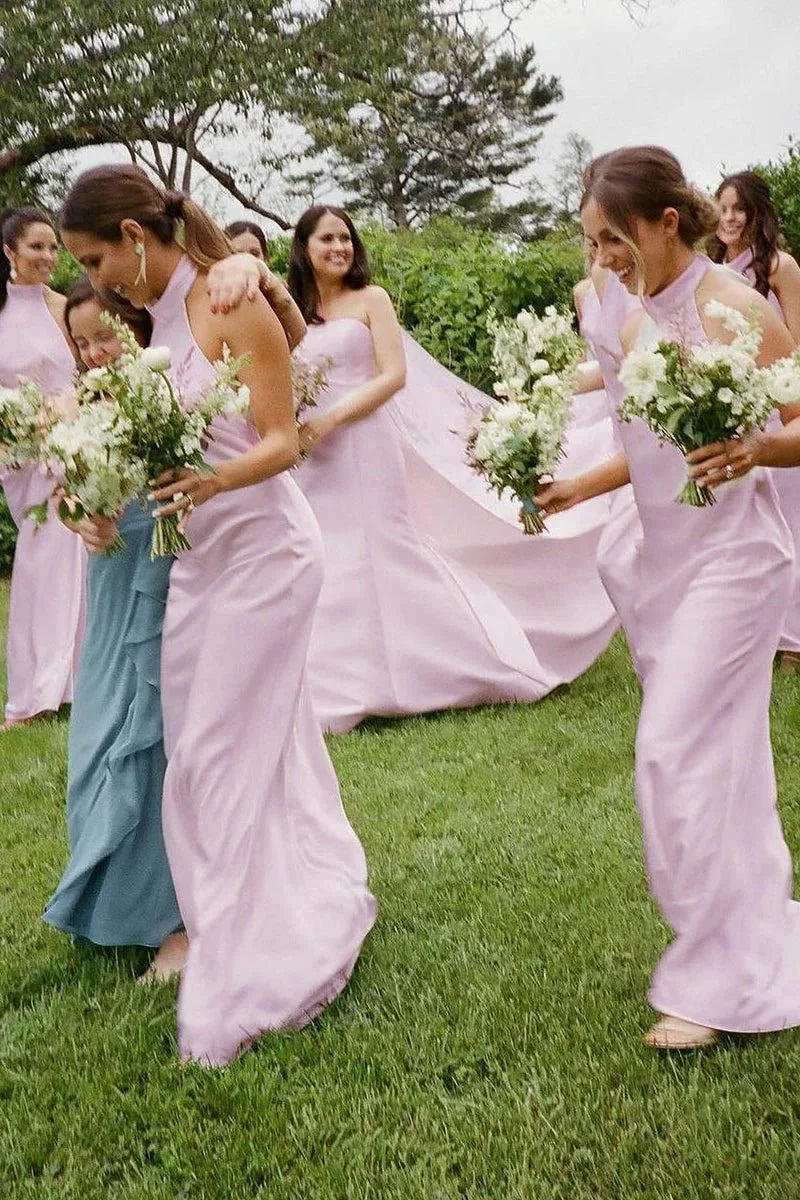 Sexy Beach Halter pink Bridesmaid Dresses Silk Satin