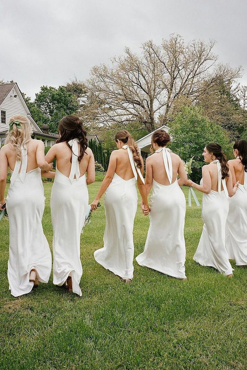 Sexy Beach Halter White Bridesmaid Dresses Silk Satin