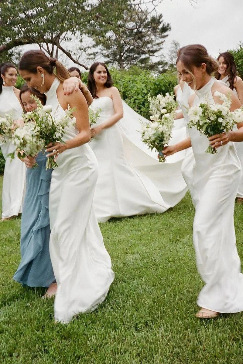 Sexy Beach Halter White Bridesmaid Dresses Silk Satin Mychicdress