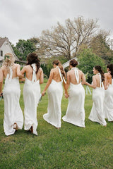 Sexy Beach Halter White Bridesmaid Dresses Silk Satin