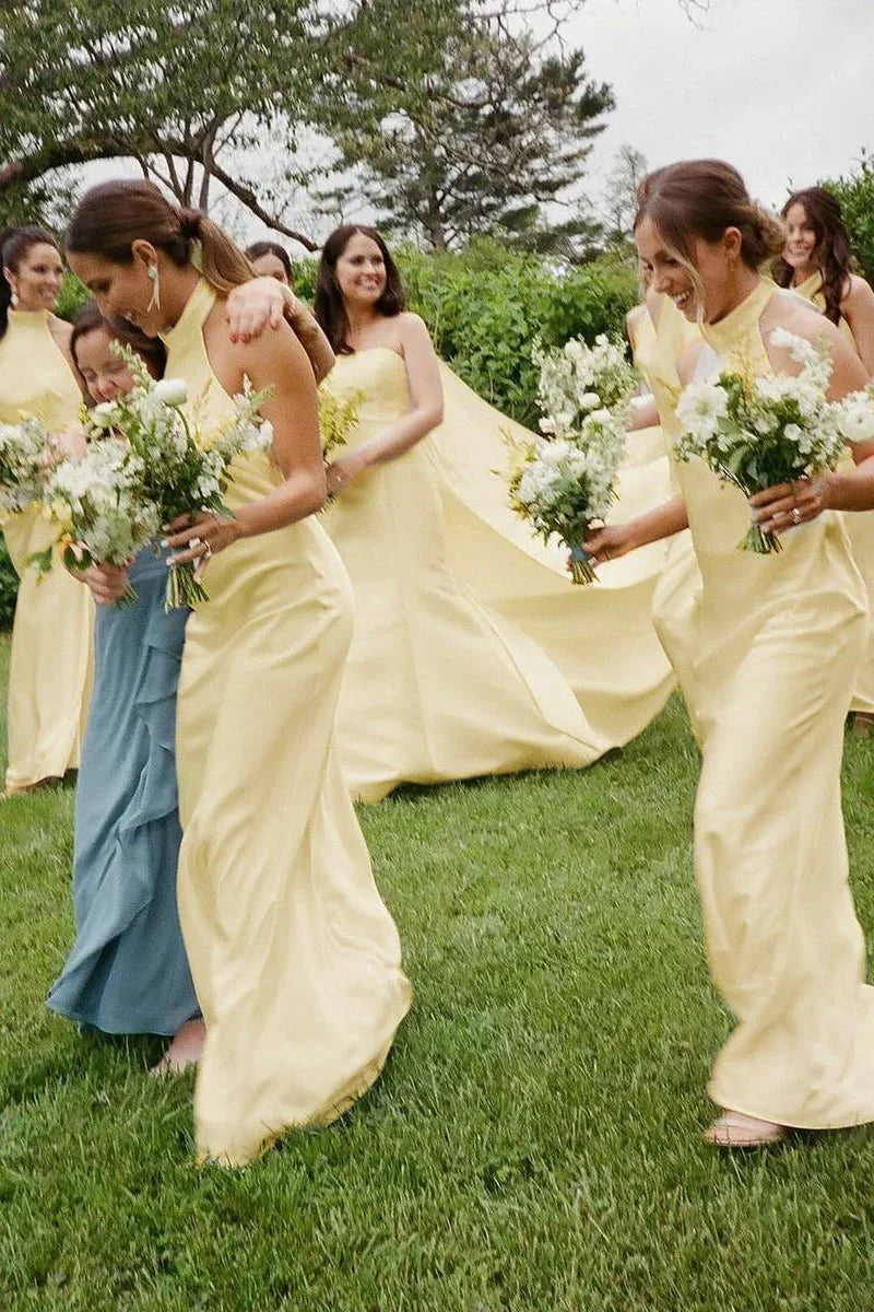 Sexy Beach Halter Yellow Bridesmaid Dresses Silk Satin