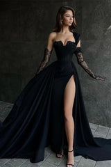 Sexy Black Lace Formal Dress Fitted One Shoulder Prom Dress Empire Train