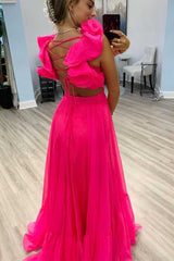 Sexy Chiffon bright pink Prom Dresses V-Neck Sleeveless with Slit