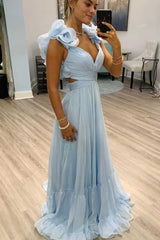 Sexy Chiffon Blue Prom Dresses V-Neck Sleeveless with Slit