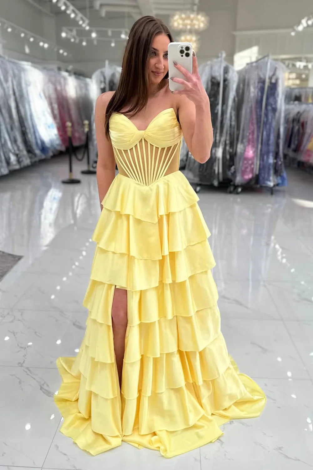 Sexy Corset Yellow Ruffled Prom Dress with Illusion Boned Bodice & Slit