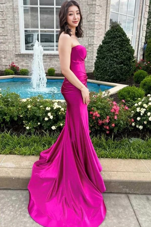 Sexy Fuchsia Prom Dress Strapless Mermaid Formal Gown Sleeveless