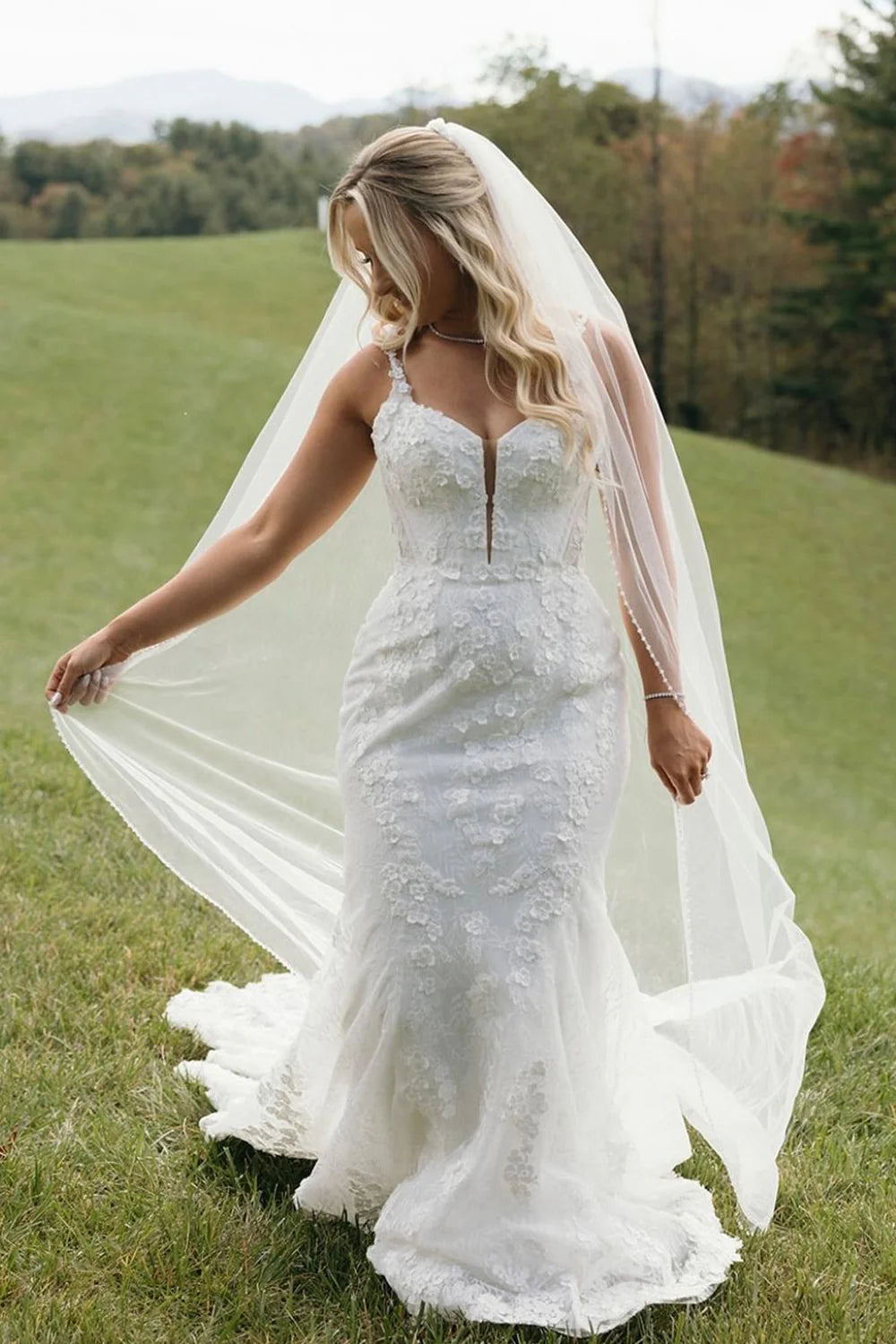 Enchanted Forest Wedding Dress Lace V Neck Straps Mermaid Bridal Gown