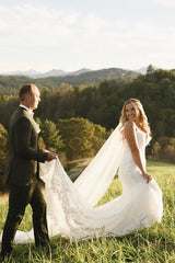 Enchanted Forest Wedding Dress Lace V Neck Straps Mermaid Bridal Gown