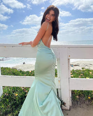 Sexy Long Mermaid Mint Green Wedding Guest Dress Backless