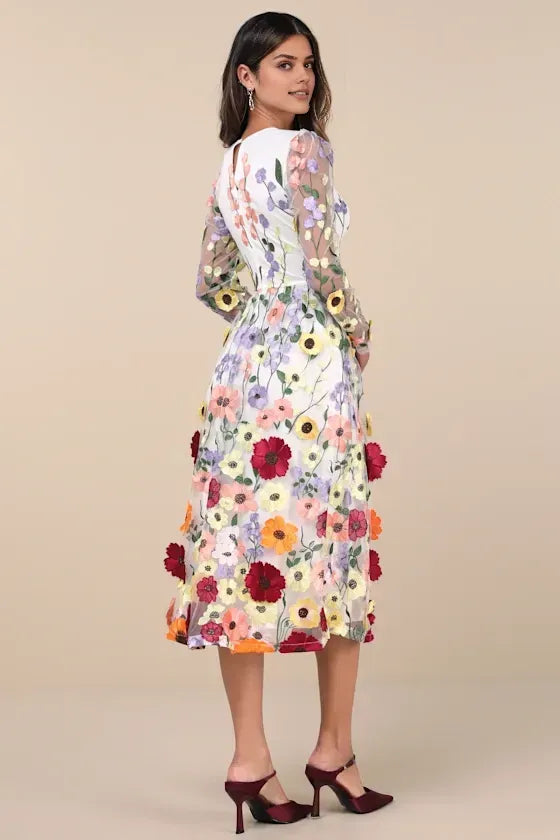 Sexy Long Sleeve Midi Floral Wedding Guest Dress Deep V Neck