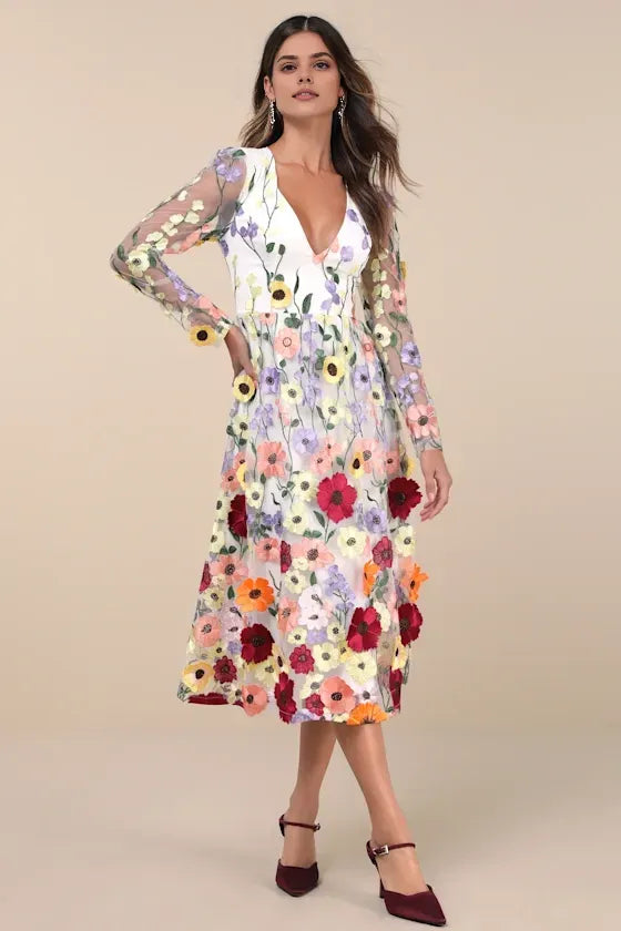 Sexy Long Sleeve Midi Floral Wedding Guest Dress Deep V Neck