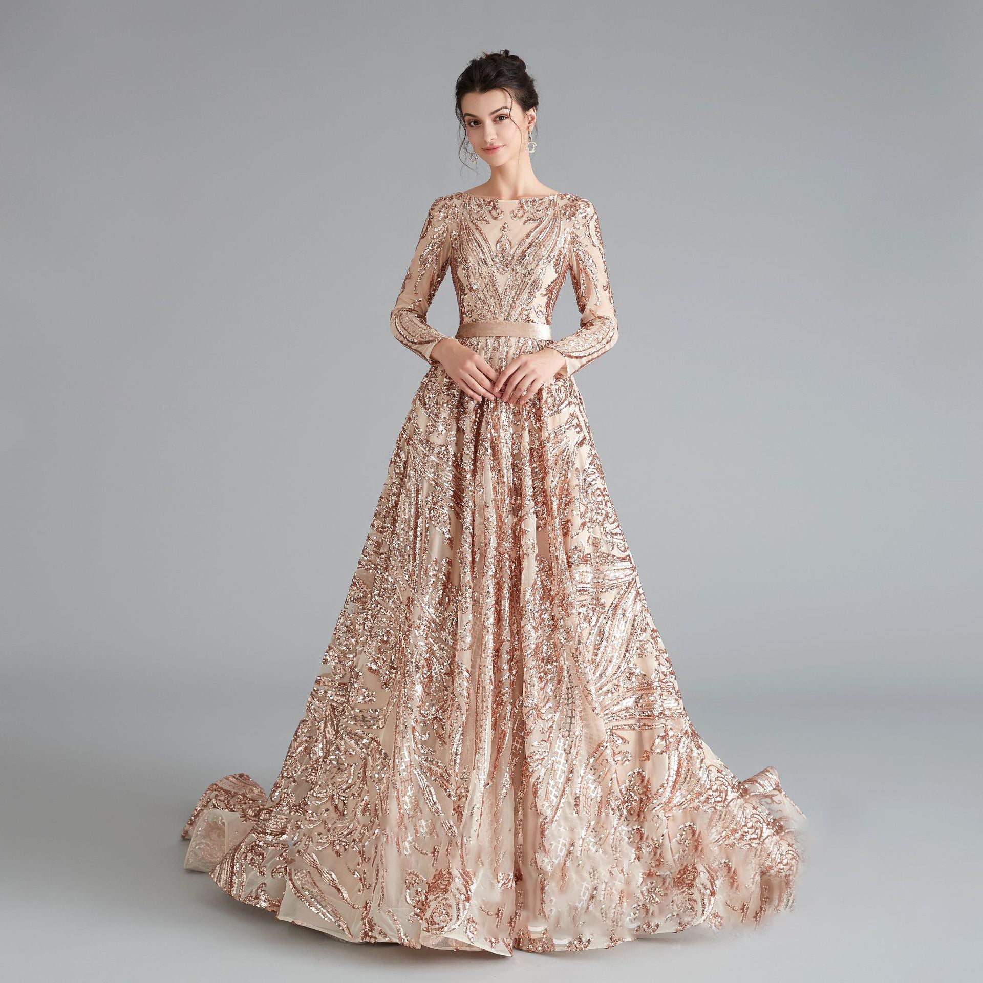 long, elegant rose gold Sexy Long Sleeves Prom Dresses Open back