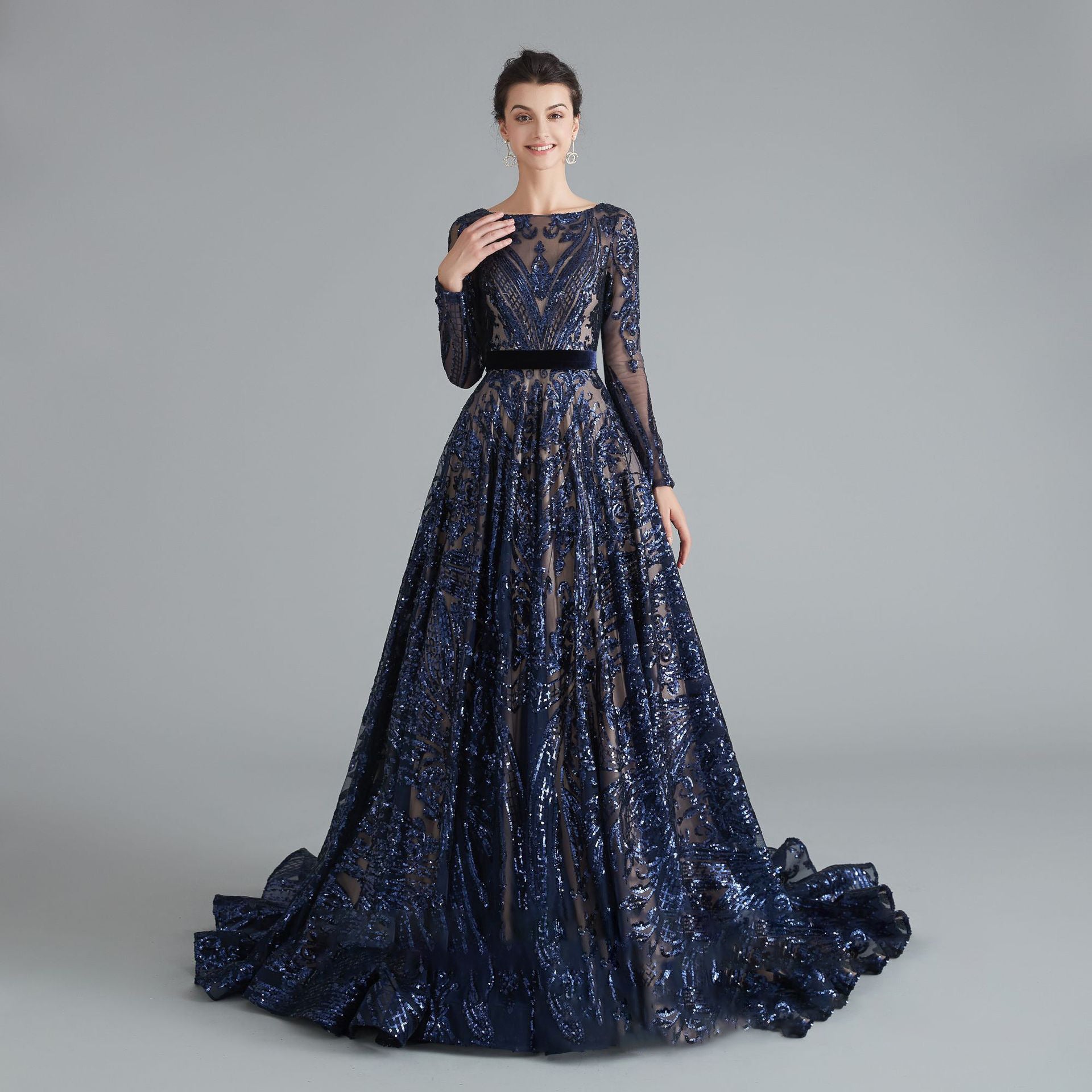 Sexy Long Sleeves navy blue Lace Prom Dresses Open back