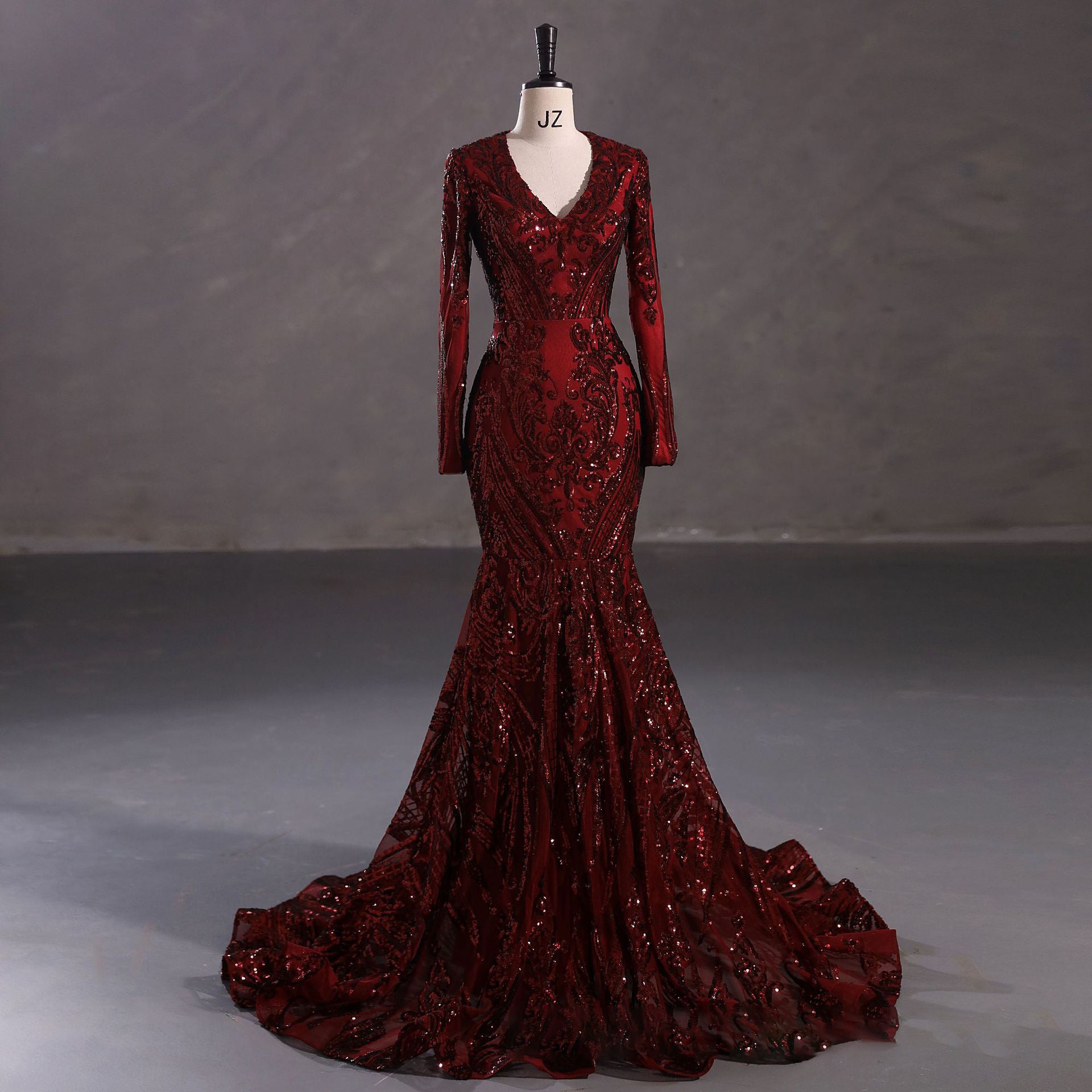 Sexy Mermaid burgundy Lace Prom Dresses Long Sleeves Formal Gown Mychicdress