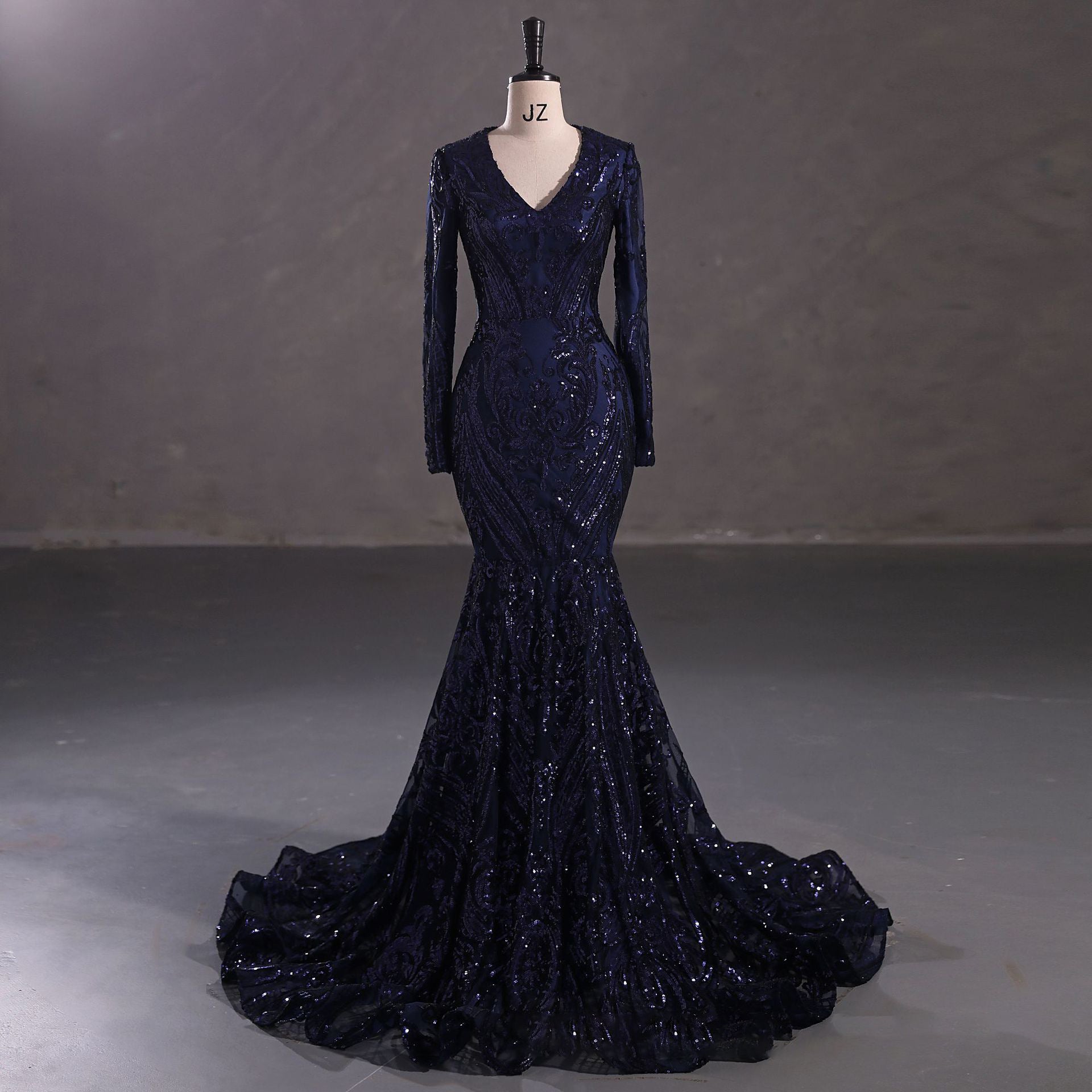 Sexy Mermaid navy blue Prom Dresses Long Sleeves Formal Gown Mychicdress
