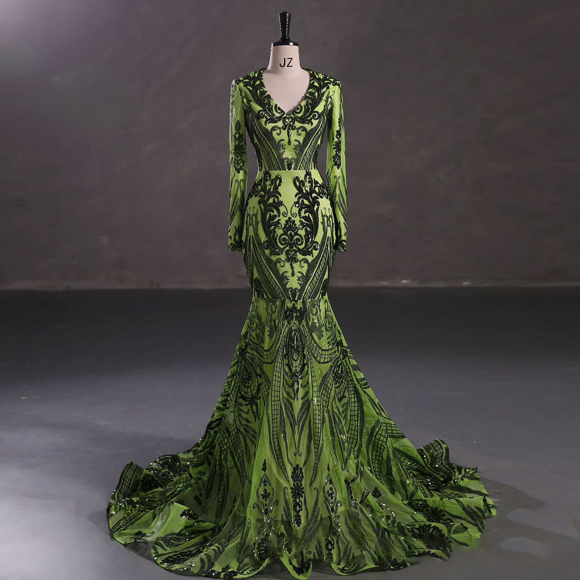 Sexy Mermaid green Lace evening Dresses Long Sleeves Formal Gown Mychicdress