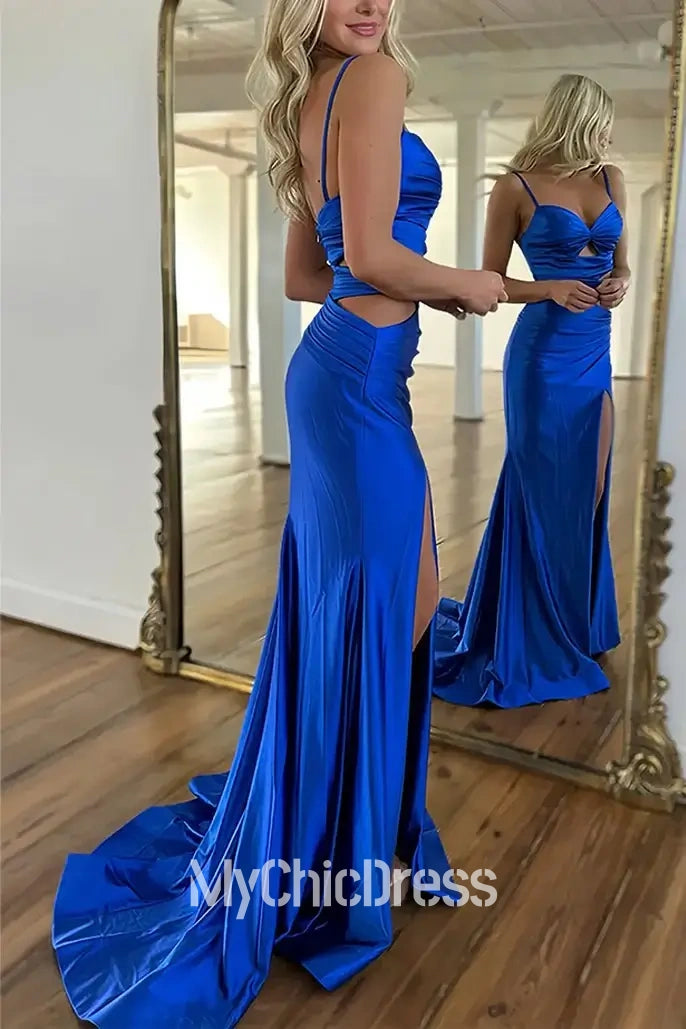 Sexy Mermaid Blue Satin Prom Dresses with Slit