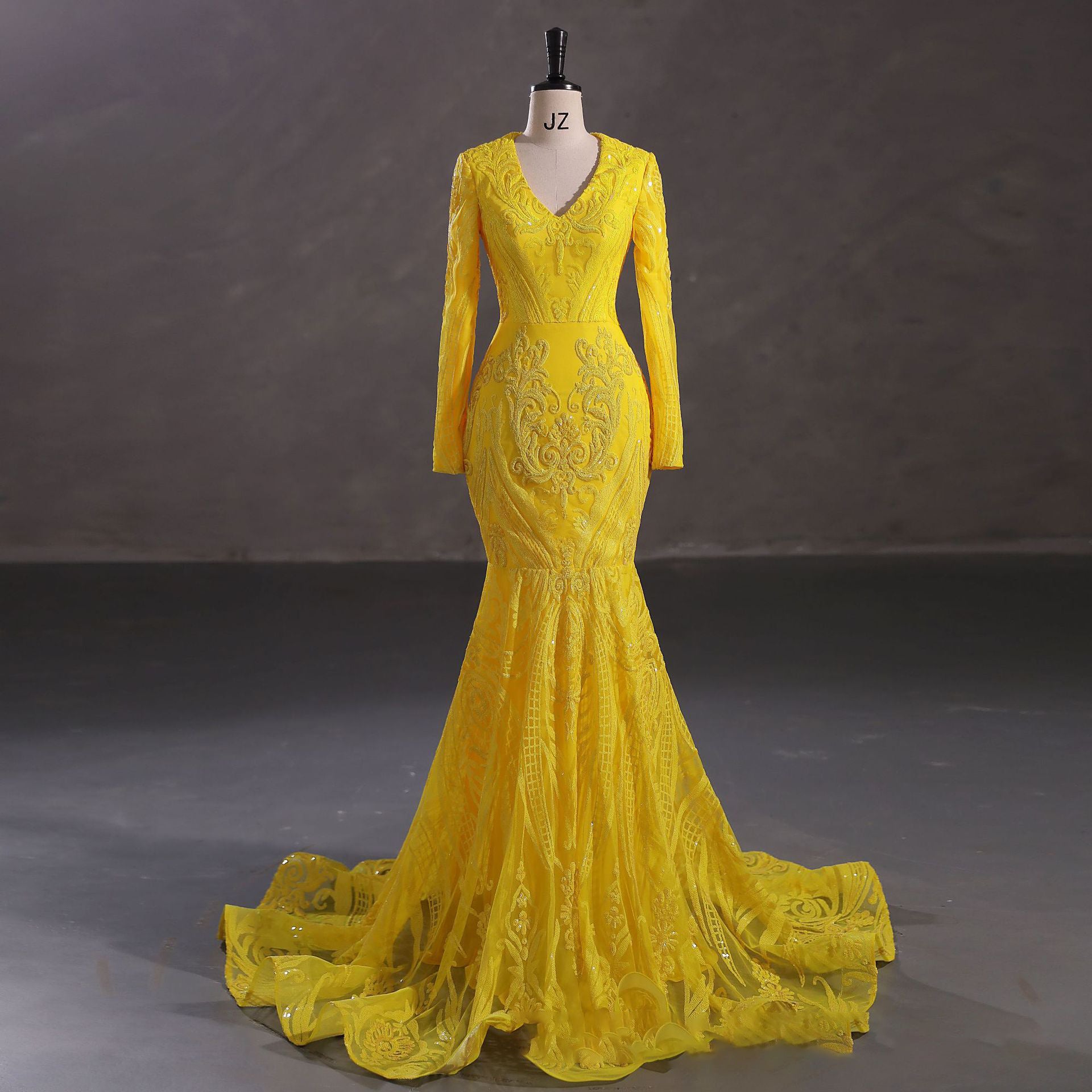 Sexy Mermaid yellow Lace Prom Dresses Long Sleeves evening Gown Mychicdress