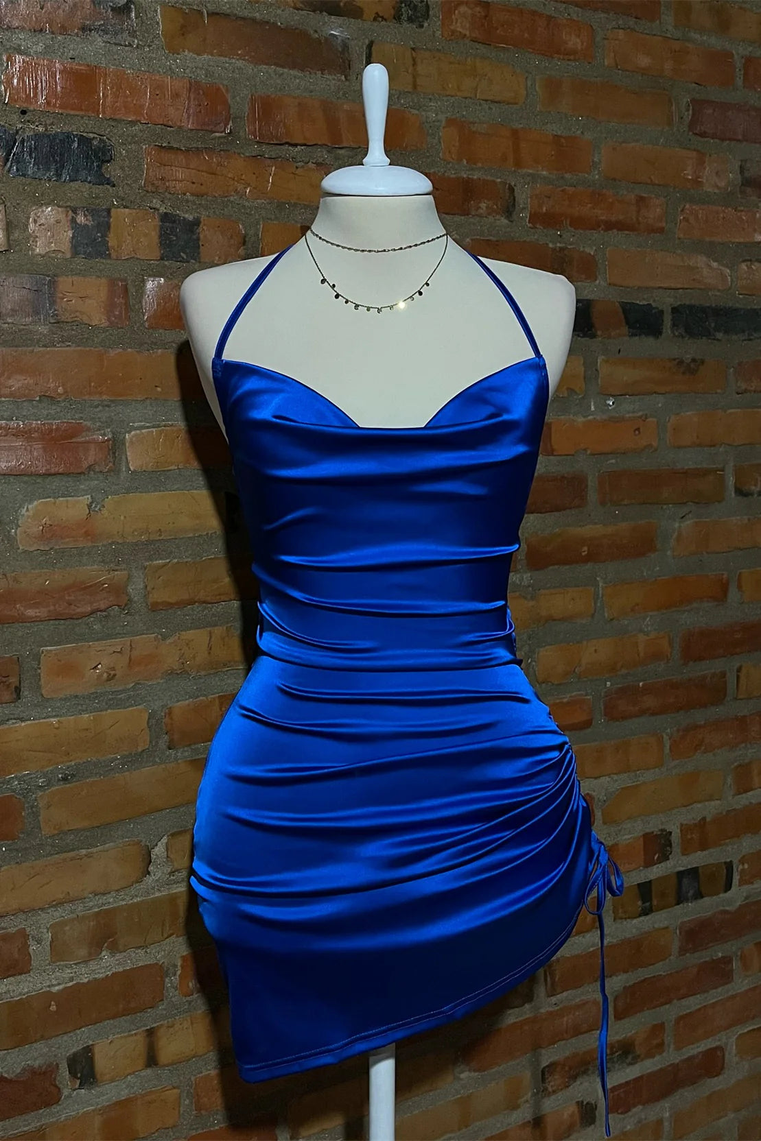 Sexy Royal Blue Summer Mini Dress Short Halter Ruched Lace-up Mychicdress
