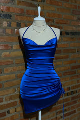Sexy Royal Blue Summer Mini Dress Short Halter Ruched Lace-up Mychicdress