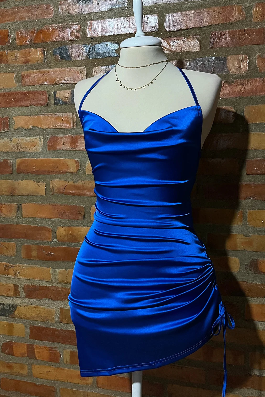 Sexy Royal Blue Summer Mini Dress Short Halter Ruched Lace-up Mychicdress