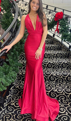 Sexy Simple Fitted Bridesmaid Dress Mermaid Deep V-neck