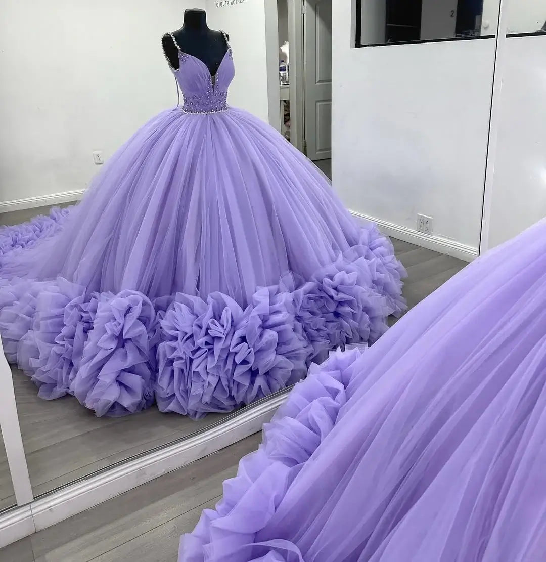 Sexy Spaghetti Straps Lavender Tulle Wedding Dresses Beading Bodice