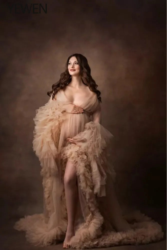 Sexy Tulle Ruffle Beach Maternity Robe Long Pregnancy Photoshoot