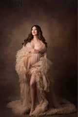 Sexy Tulle Ruffle Beach Maternity Robe Long Pregnancy Photoshoot