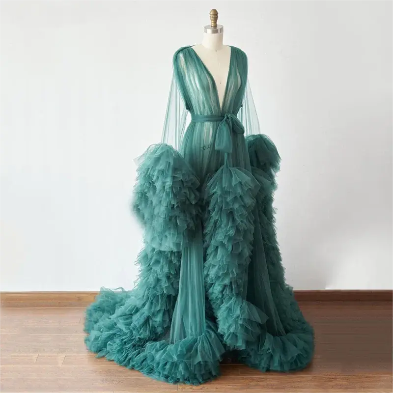 Sexy Tulle Ruffle Beach Maternity Robe Long Pregnancy Photoshoot