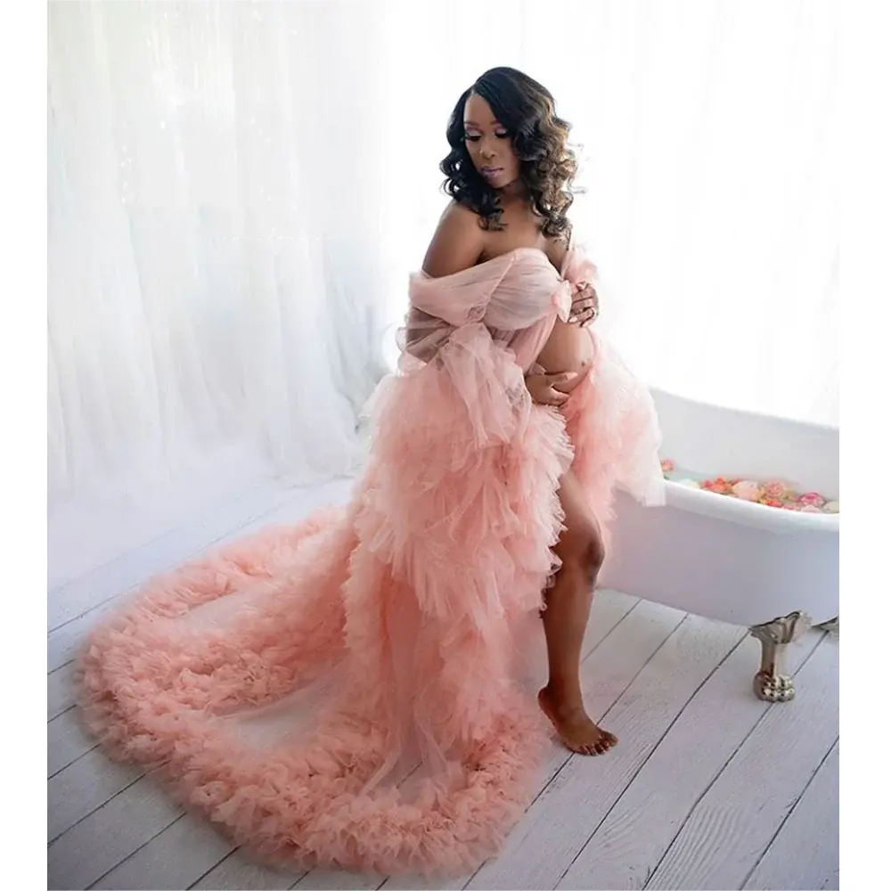 Sexy Tulle Ruffle Beach Maternity Robe Long Pregnancy Photoshoot