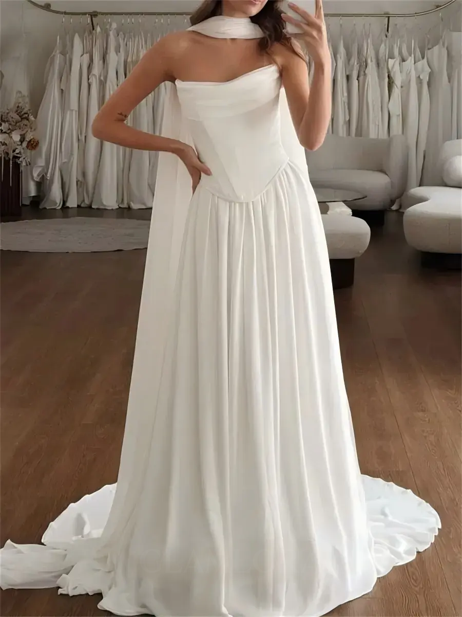 Sheath Corset Strapless Wedding Dress Basque Waist Straight Pleated