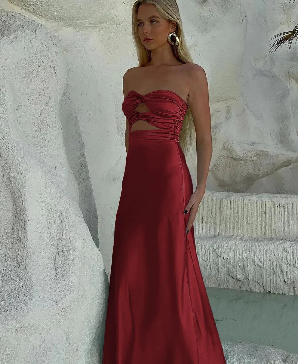 Sheath Long red Prom Dresses Strapless Formal Gown