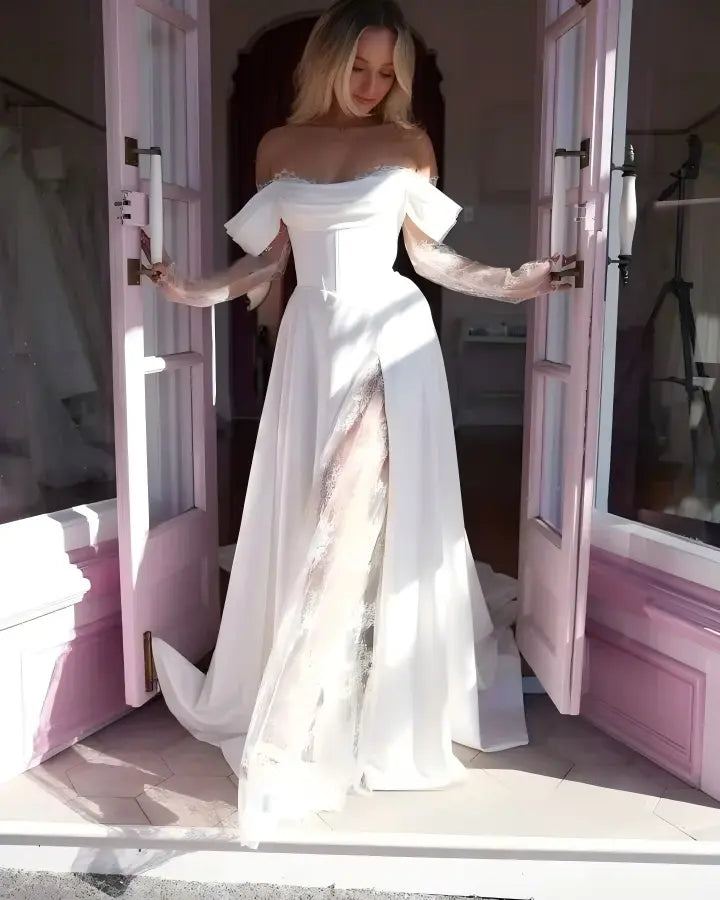 Sheath Long Sleeve Lace Modern Wedding Dress Beach Off Shoulder