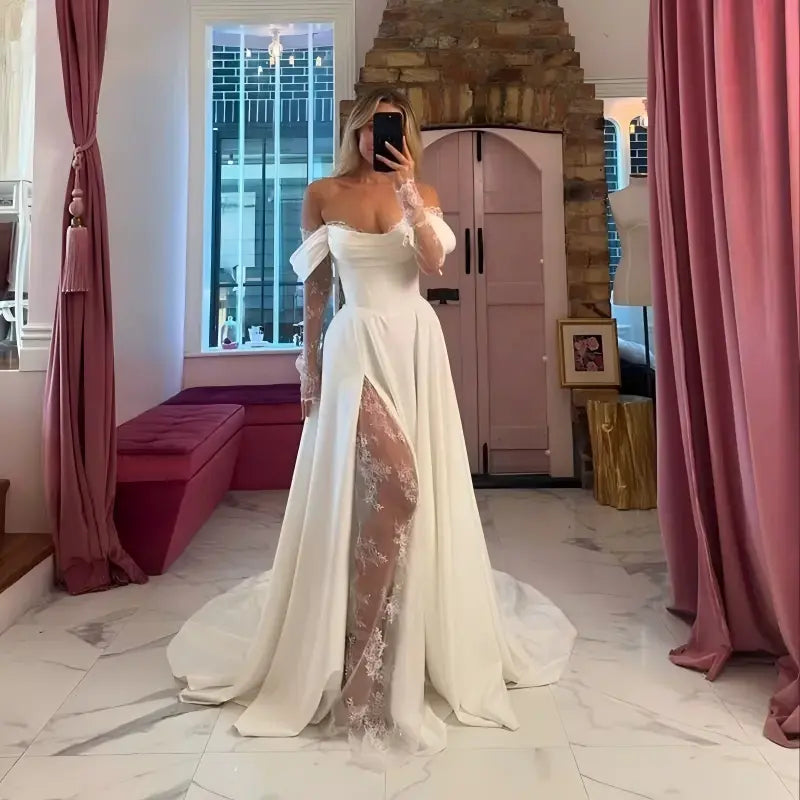 Sheath Long Sleeve Lace Modern Wedding Dress Beach Off Shoulder