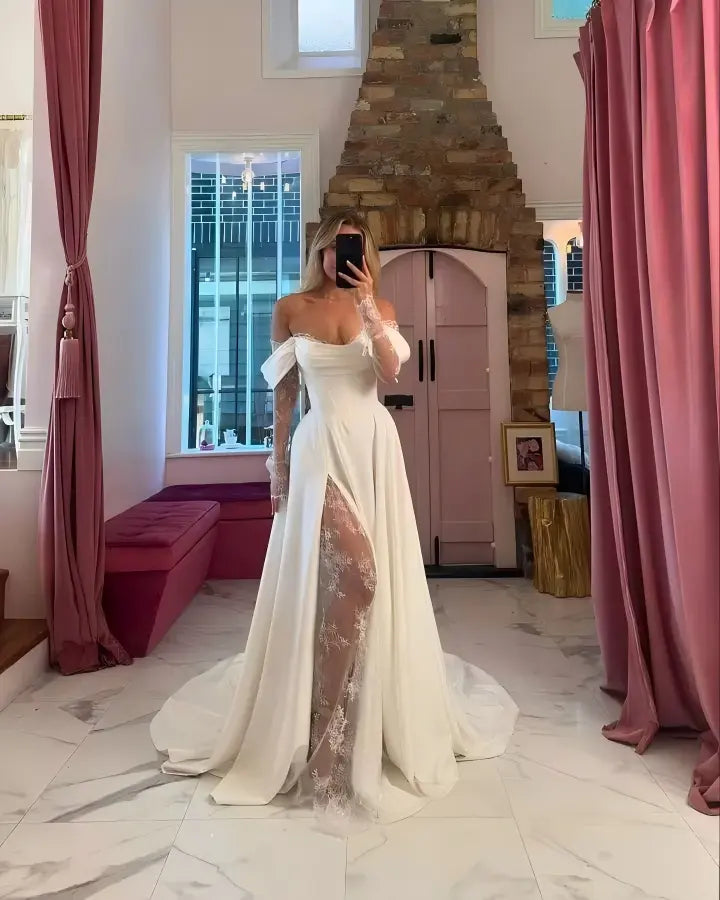 Sheath Long Sleeve Lace Modern Wedding Dress Beach Off Shoulder