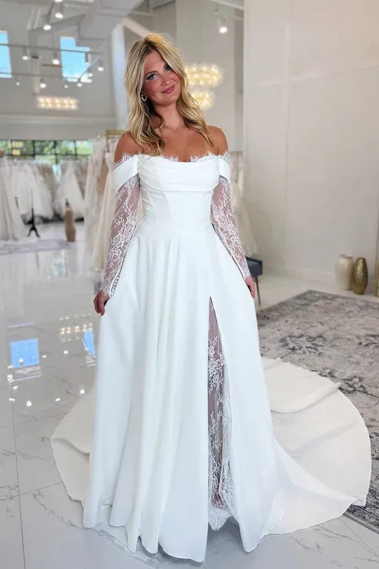 Sheath Long Sleeve Lace Modern Wedding Dress Beach Off Shoulder