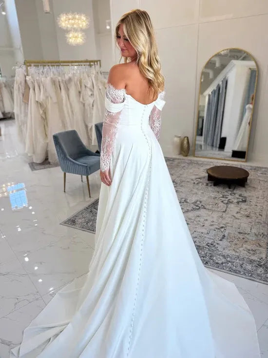 Sheath Long Sleeve Lace Modern Wedding Dress Beach Off Shoulder