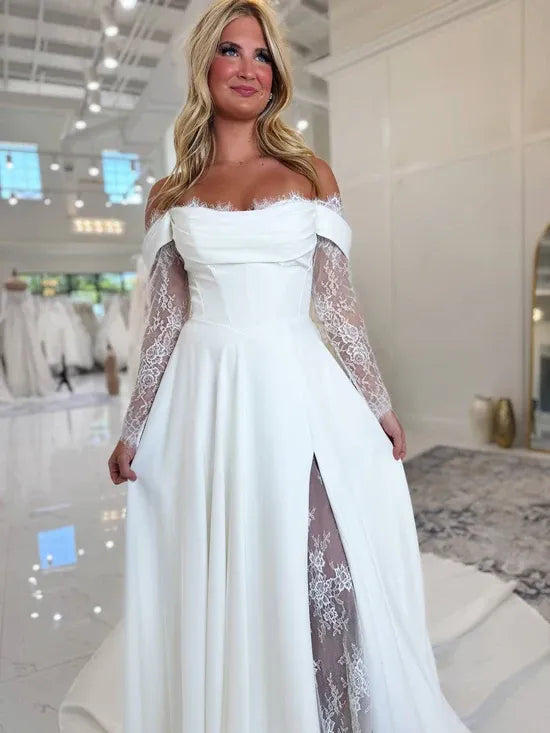 Sheath Long Sleeve Lace Modern Wedding Dress Beach Off Shoulder