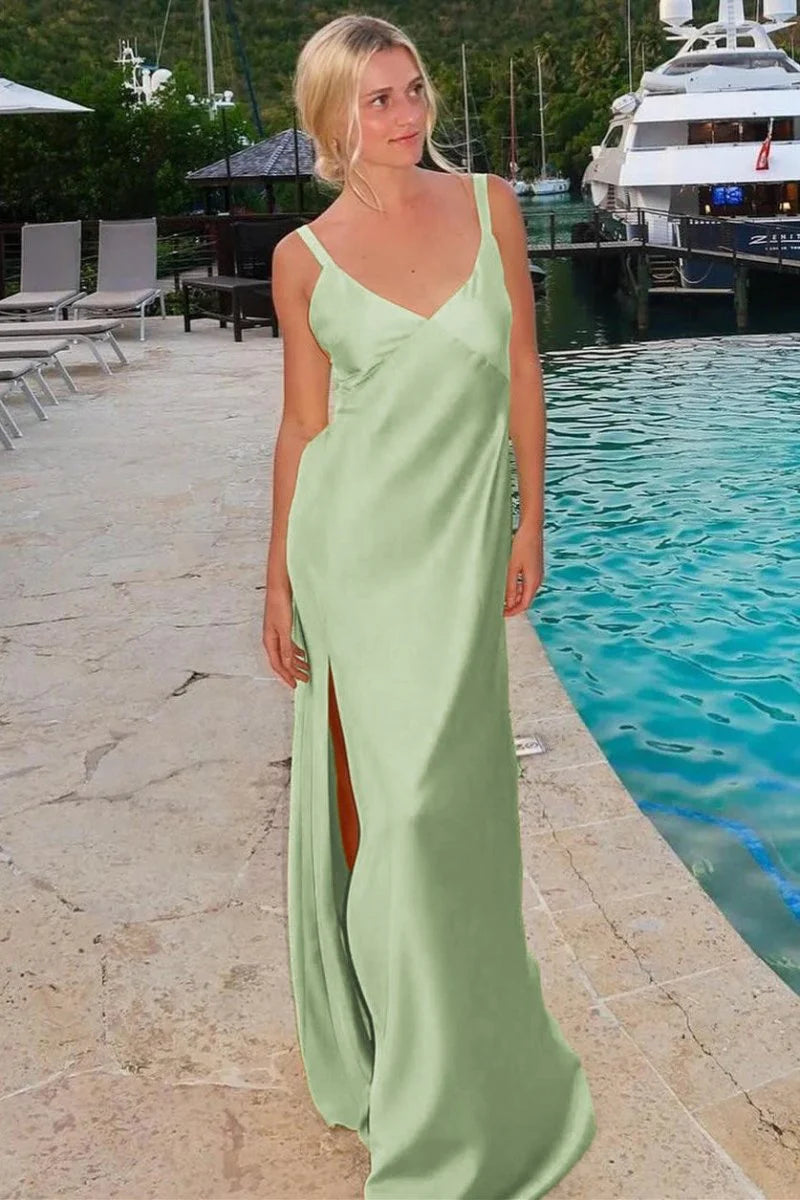 Sheath Yellow Maxi Dress For Wedding Guests V-Neck Tie-Back with Slit