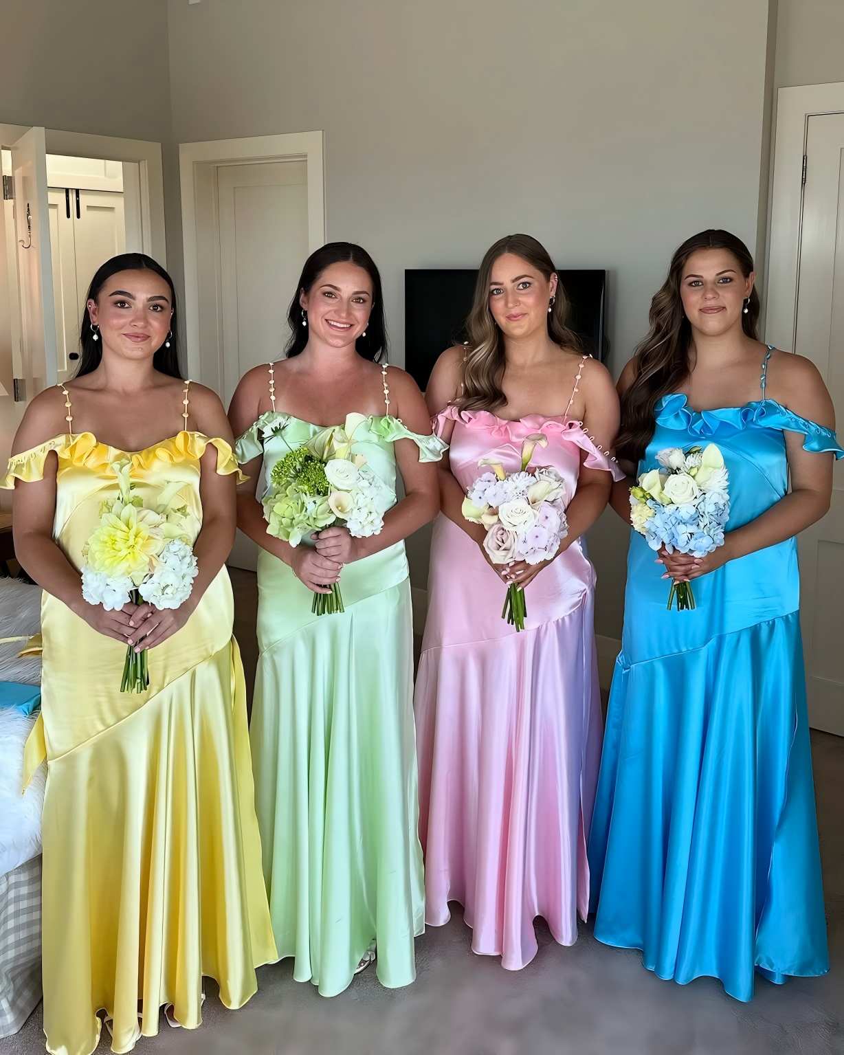 Sheath Mismatch Bridesmaid Dresses Ruched Straps Ruffle Neck