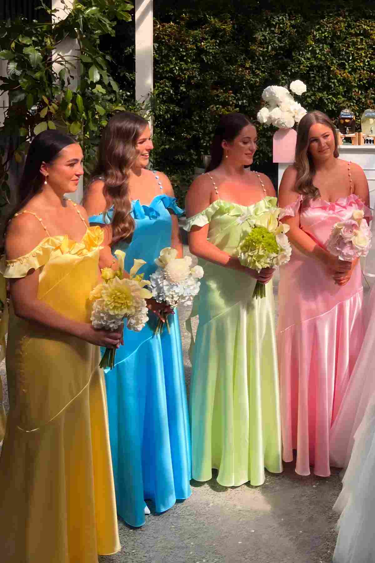 Sheath Mismatch Bridesmaid Dresses Ruched Straps Ruffle Neck