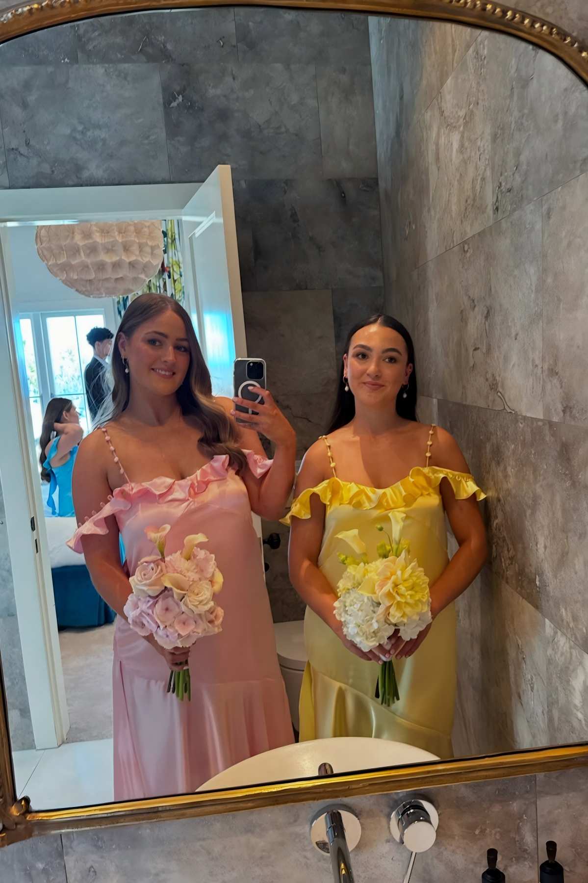 Sheath Mismatch Bridesmaid Dresses Ruched Straps Ruffle Neck