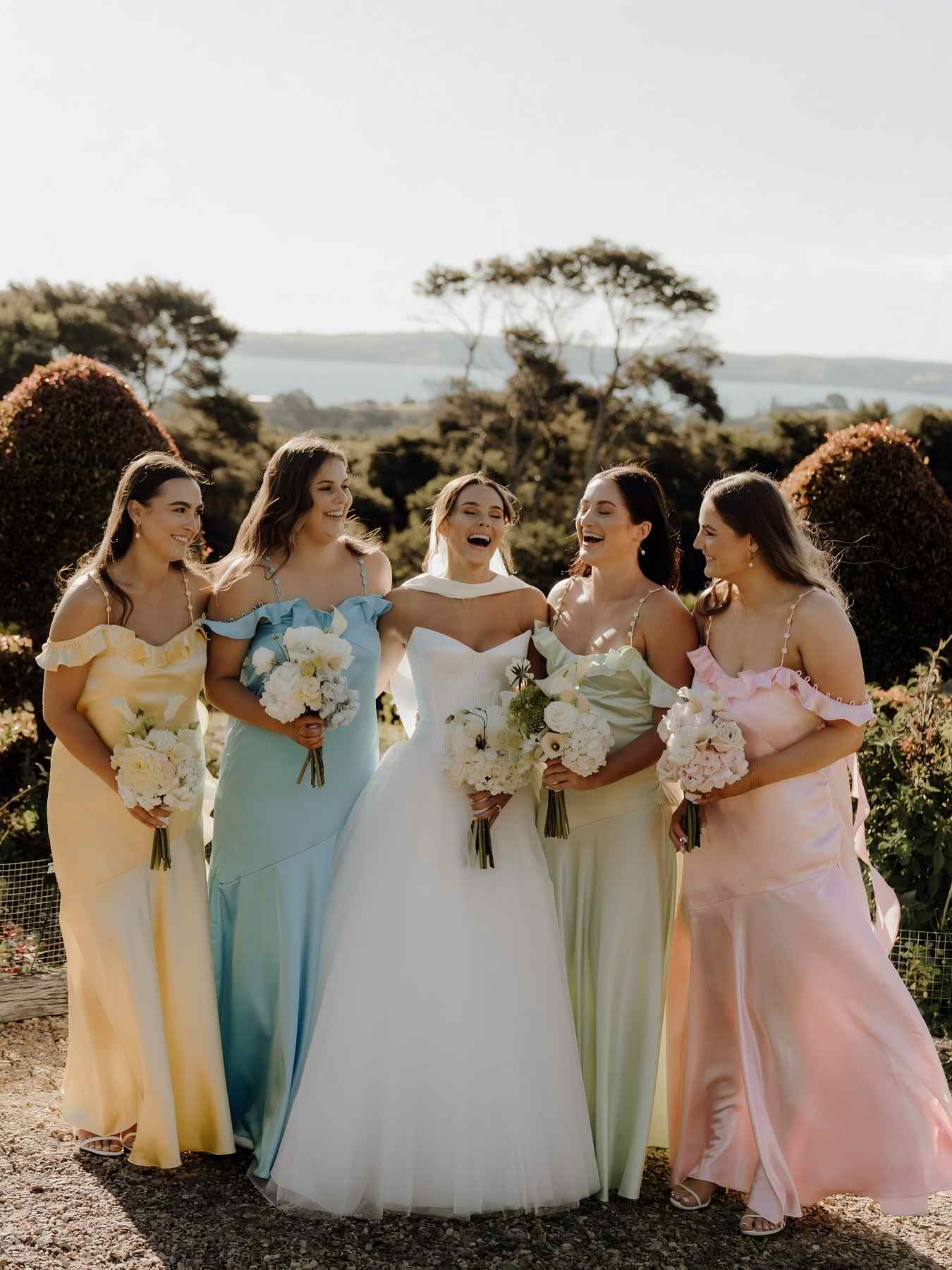 Sheath Mismatch Bridesmaid Dresses Ruched Straps Ruffle Neck