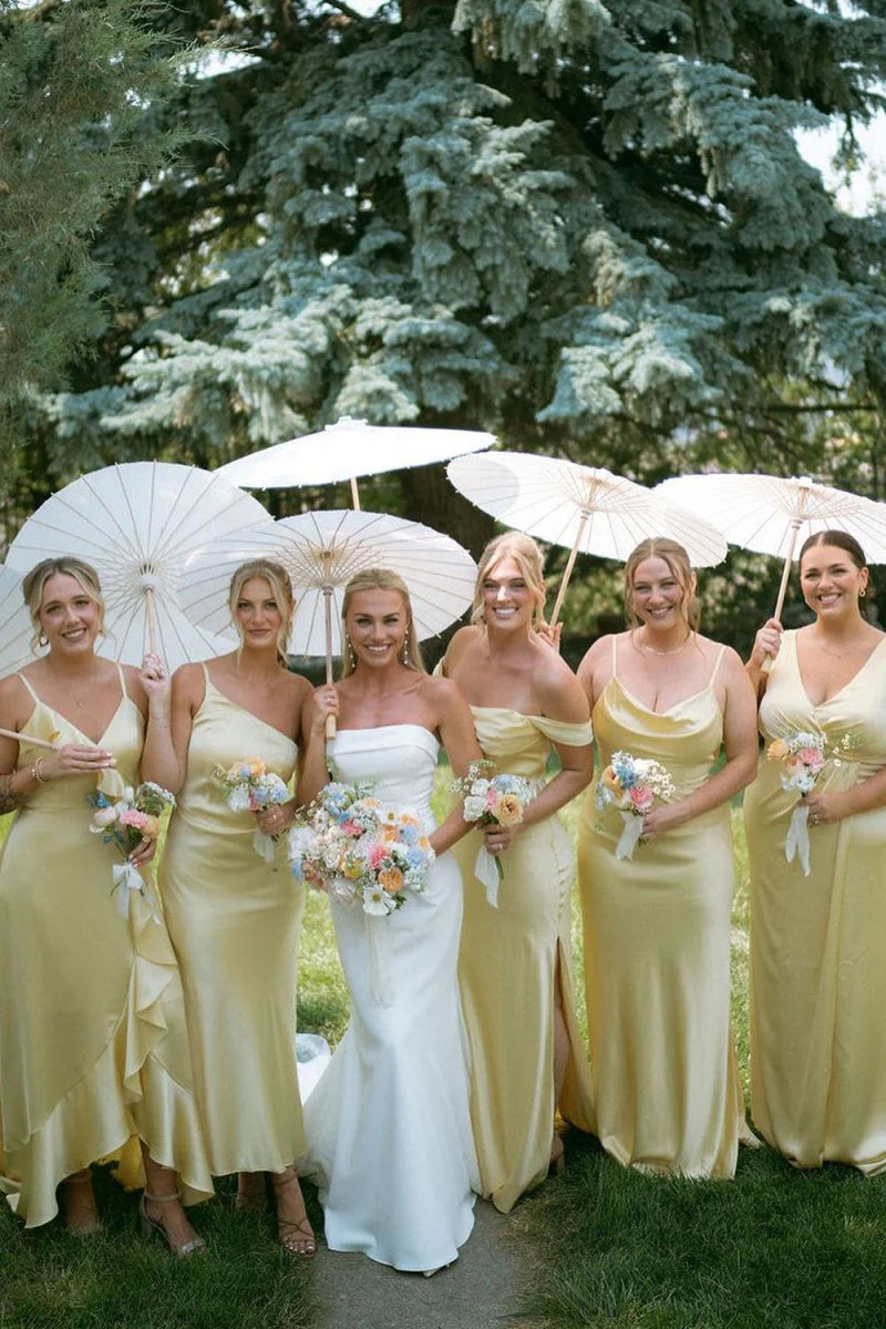 Sheath Mismatched Pale Yellow Bridesmaid Dresses Silk Satin