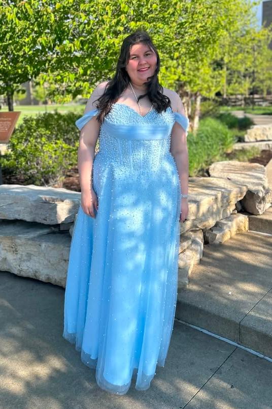 Sheath Plus Size Blue Prom Dress with Pearls Off the Shoulder