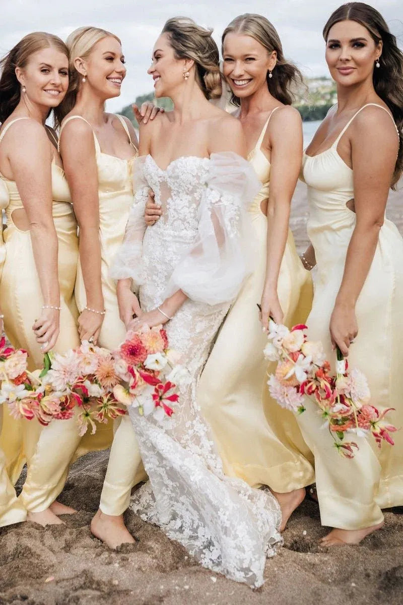 Sheath Satin Yellow Bridesmaid Dresses Spaghetti Straps Cutout