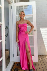 Sheath Strapless Fuchsia Maxi Dress Satin Wedding Guest Dress with Slit